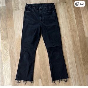 MOTHER The Hustler Black Flare Jeans with Frayed Hem